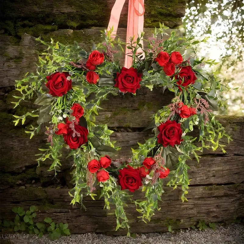 Front Door Wreath Valentines Valentines Day Decorations Wreath Red Rose Heart Wreath Floral Rose Artificial Door Wreath 15.74