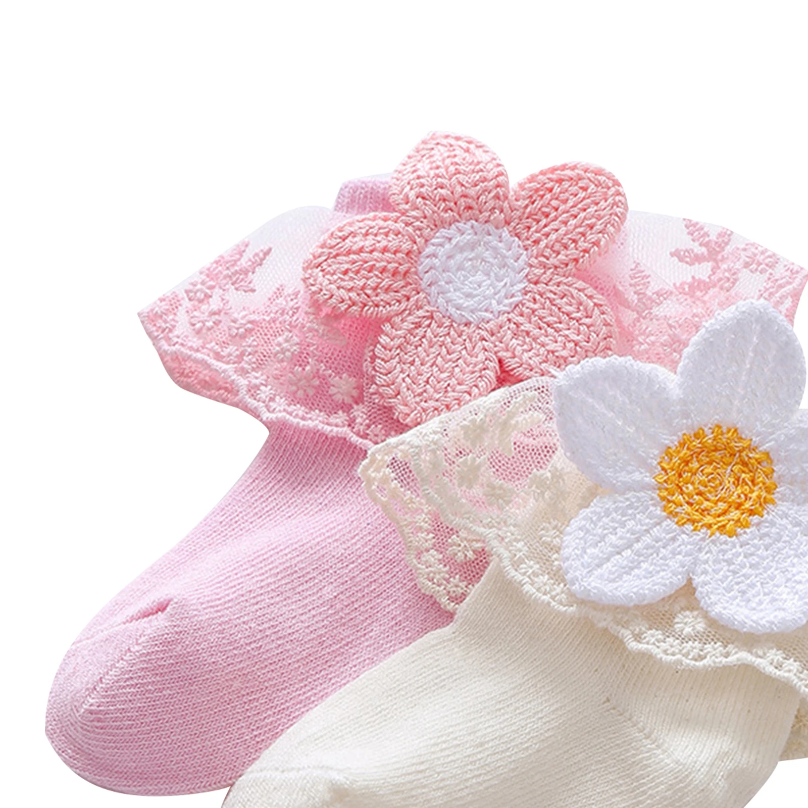 Chaussettes à volants en dentelle pour bébés filles, chaussettes douces à œillets et froufrous, chaussettes de rinçage princesse avec applique de tournesol