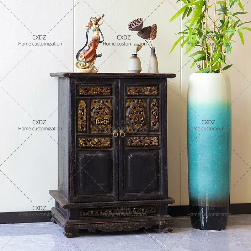 Ming Qing Style Bedside Table Mini Antique Side Cabinet Solid Wood Tea Cabinet Traditional Carved Locker Old Furniture