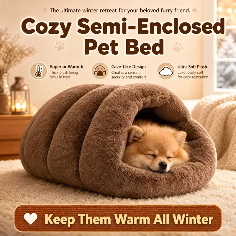 Weiches Plüsch-Halbgeschlossenes Katzenbett, Winterwarmes Haustierhaus, Faltbare Katzenhöhle, Schlafsack, Hundehütte, Winddicht, Verdickt für Kleine Hunde – Detail 4