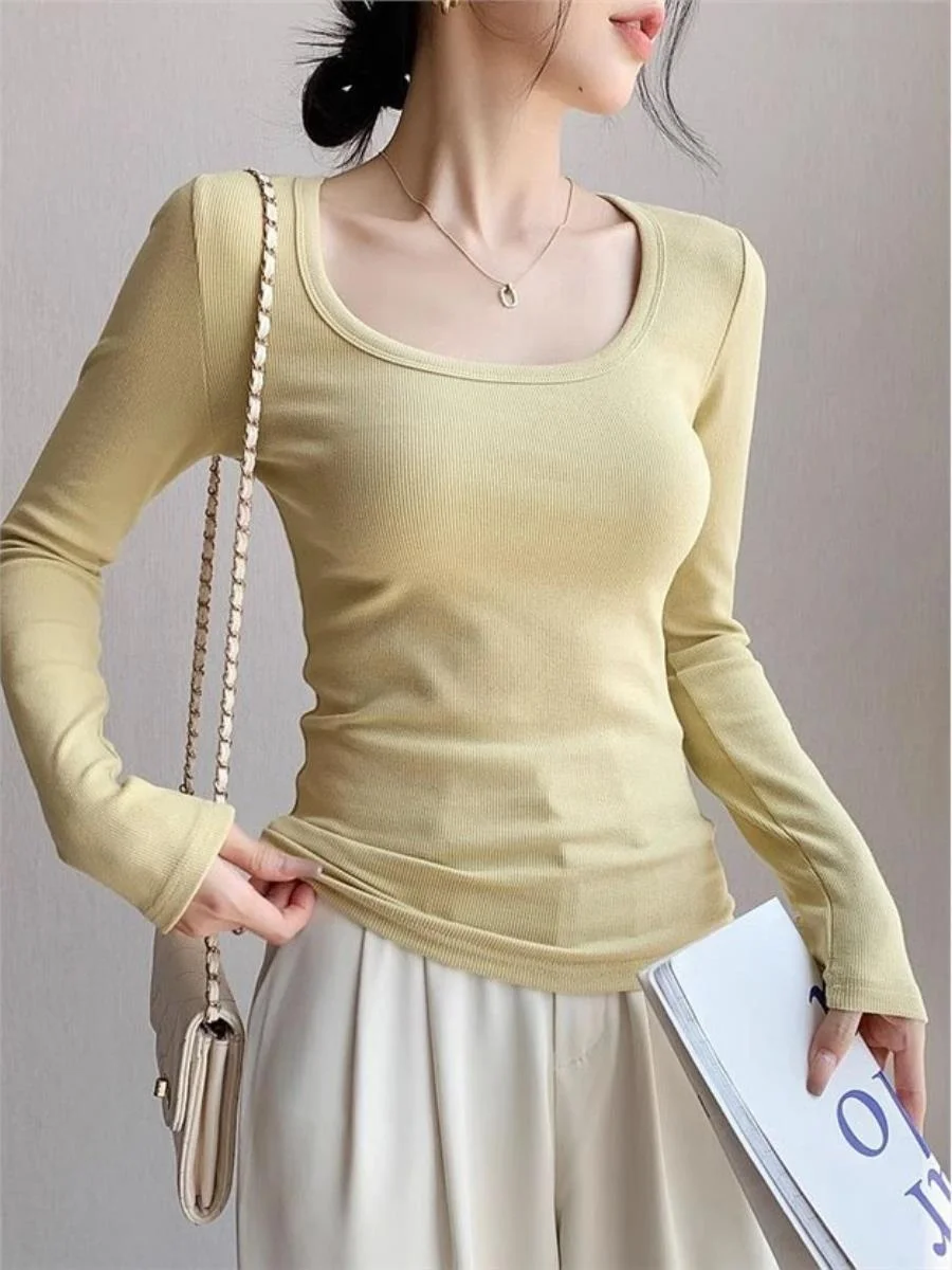 痩身効果長袖綿混ベースシャツ女性の春薄手スタイル-u-ネック体型強化下着-3-点セット