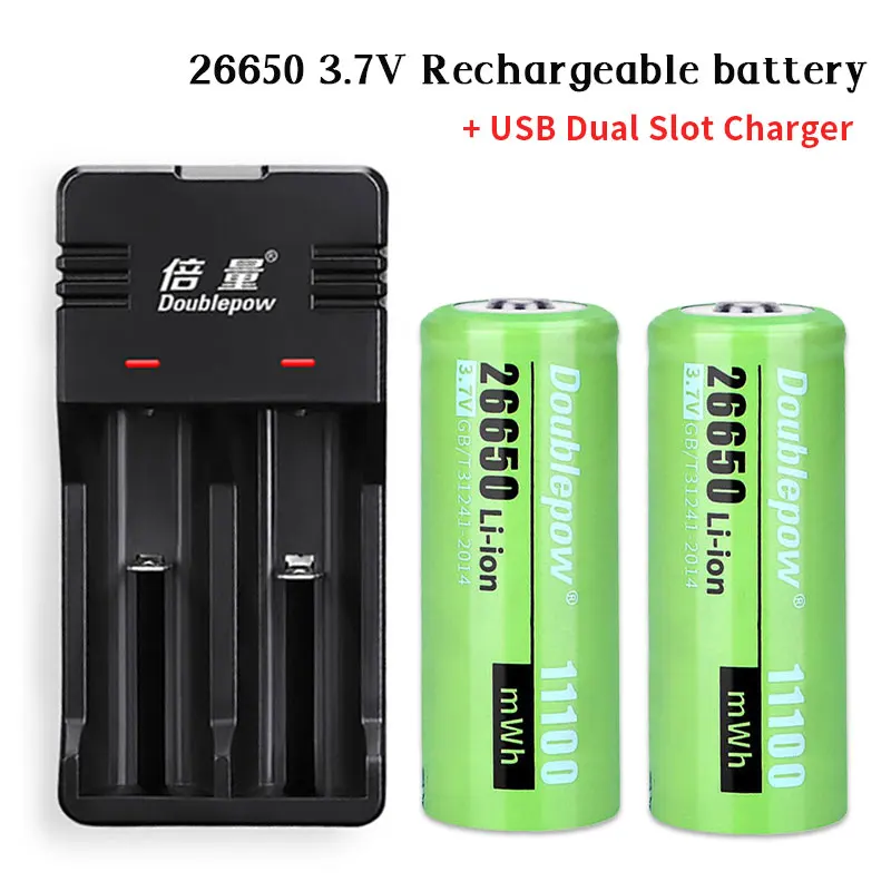 

26650 Rechargeable Battery 3.7V Lithium Ion Batteries 11100mWh High Capacity for Strong Light Flashlight +USB Dual Slot Charger