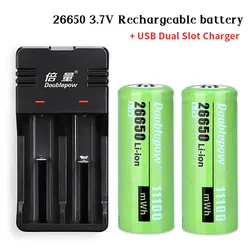 26650 Rechargeable Battery 3.7V Lithium Ion Batteries 11100mWh High Capacity for Strong Light Flashlight +USB Dual Slot Charger