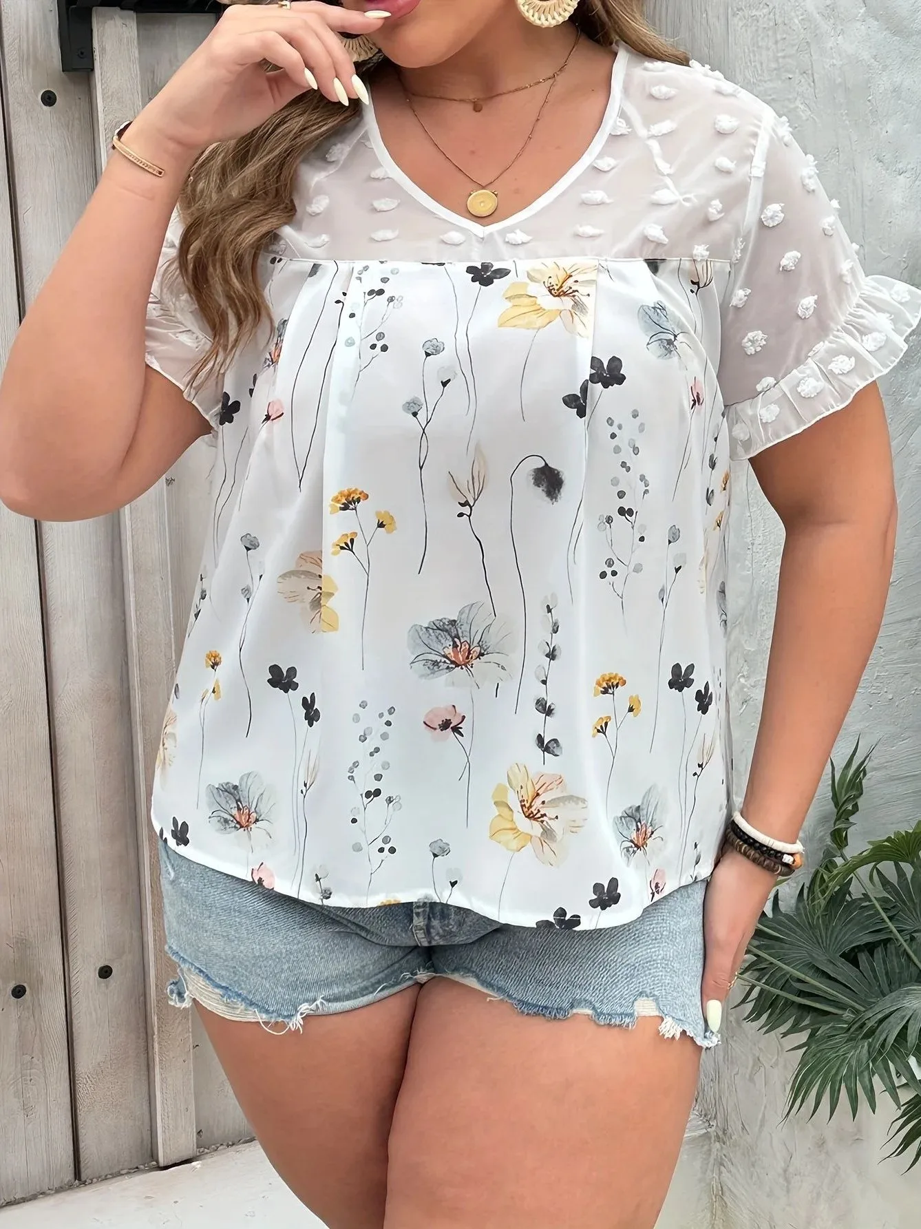

Ele plus Size Floral Print Dot Blouse Patchwork V Ne Cleanfit Thiened Ladies Inner Wear A-Line Sve Midi Blouse