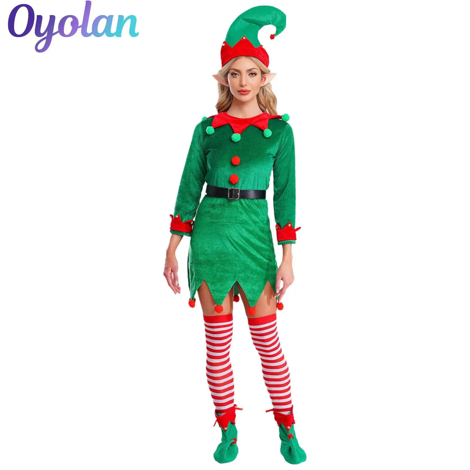 

Womens Christmas Xmas Elf Santa Claus Cosplay Costume Set New Year Themed Party Dress with Belt Hat Shoes Stockings And Elf Ears