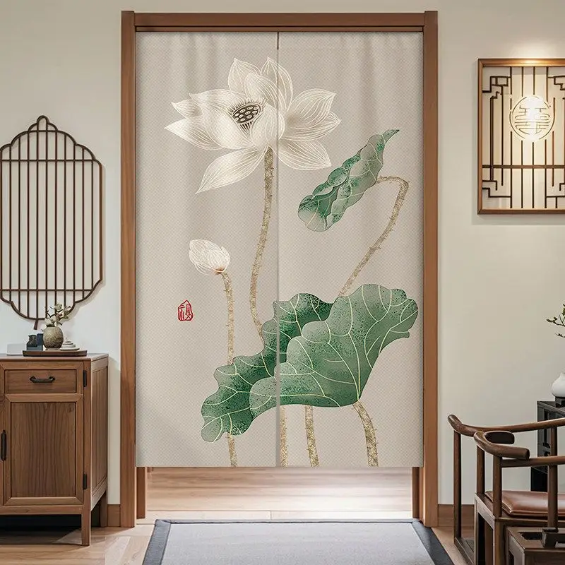 Oriental Aesthetic Noren Curtain, Ink Lotus Koi Pattern Fabric Divider, Traditional Japanese Style Kitchen Decor