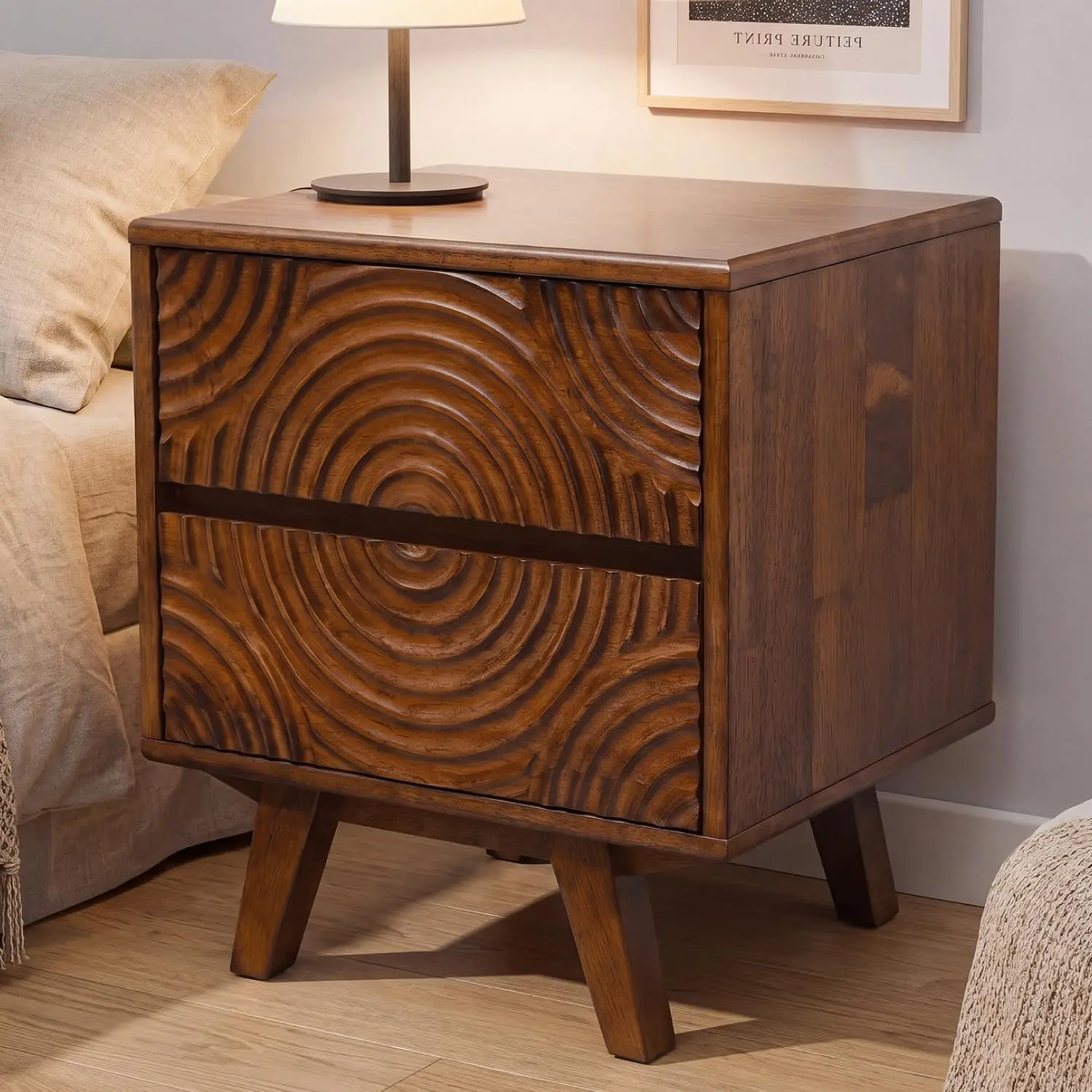 Acacia Solid Wood Nightstand With 2 Drawers & Storage, Bedroom Furniture, Walnut, Customized