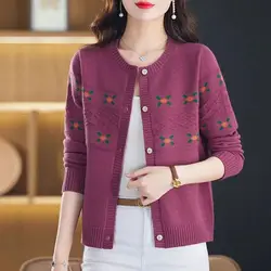 Autumn Winter Button Long Sleeve Sweater Knitted Cardigan Coats Casual Women's Clothing Round Neck Crochet Plant&Flowers Tops