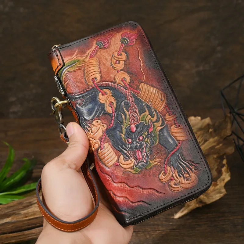 Genuine leather men's leather carving craftsmanship, retro long wallet, large capacity, multi-functional clutch, long wallet