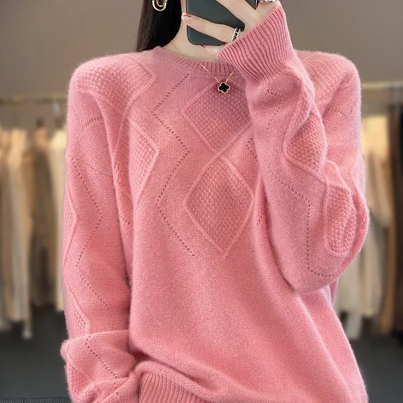 

100% Pure Wool Sweater 2023 New Women's Knitted O-Neck Hollow Pullover Cashmere Sweater Loose and Simple Autumn and Winter
