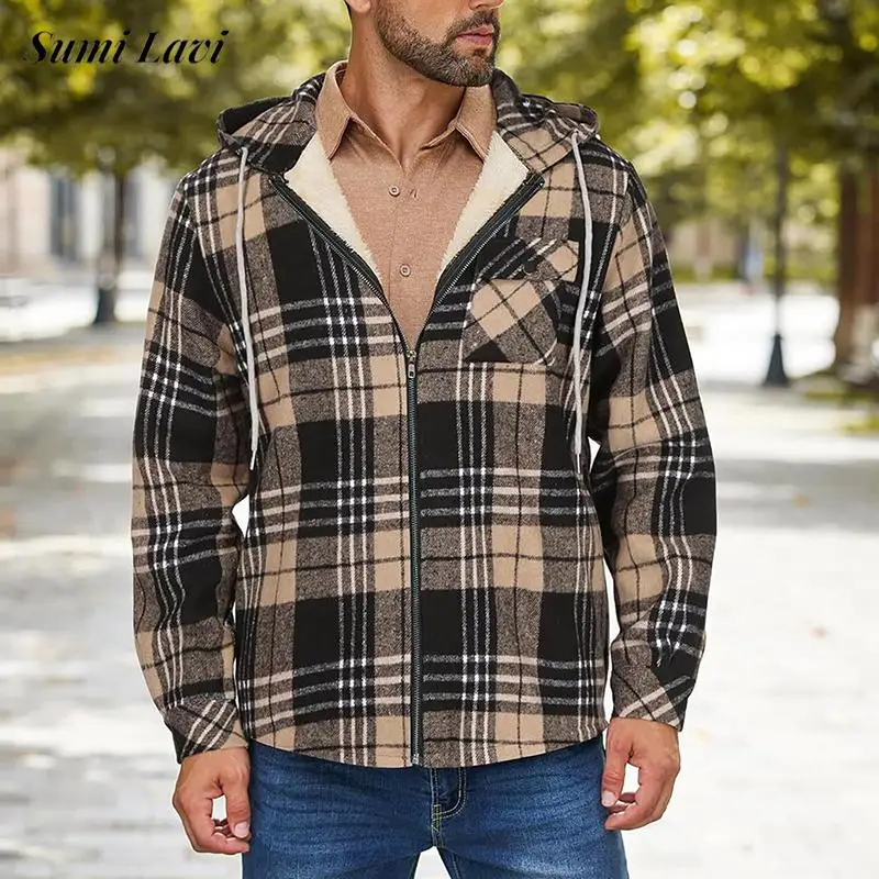 Warm Outdoor Fleece Lining Coats Mens Fall Winter Vintage Plaid Flannel Wool Jacket Coats Men Stylish Plaid Jackets Streetwear