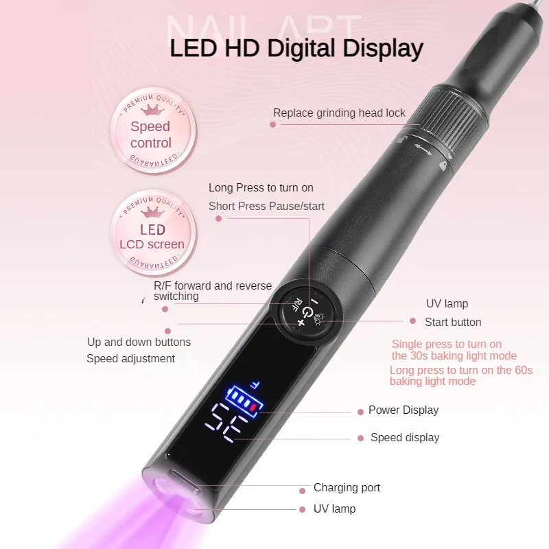 Perceuse à ongles sans fil avec lampe UV et ensemble de limes à ongles 35000 tr/min perceuse à ongles Portable Rechargeable affichage LCD outils de manucure