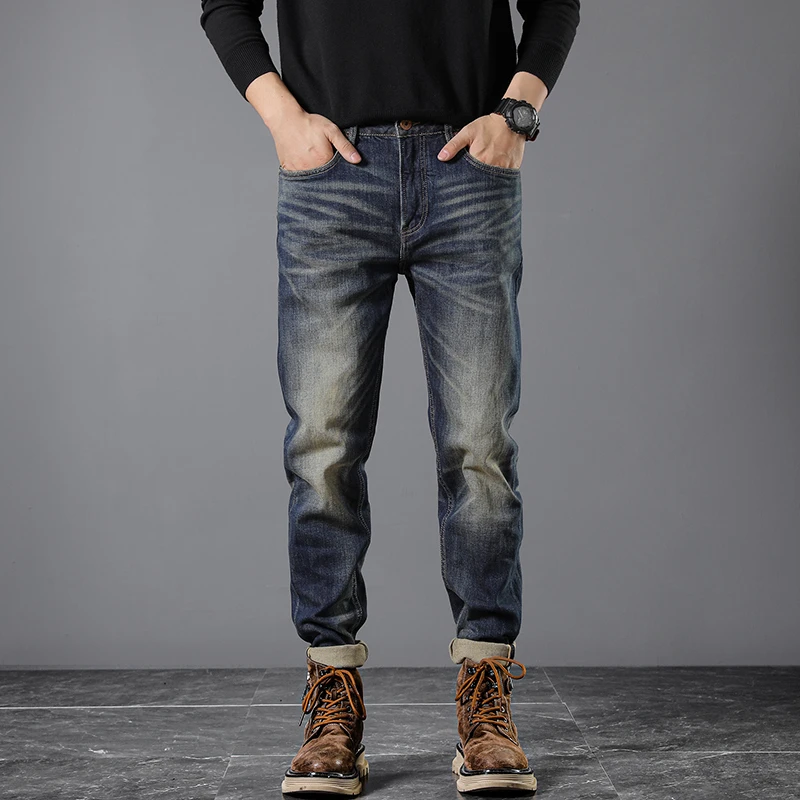 Męskie jeansy ze ściętym denimem, slim fit, prosta nogawka, 99% bawełna, luźny krój w stylu retro, jesień 2025. |   Wszechstronne spodnie w stylu vintage