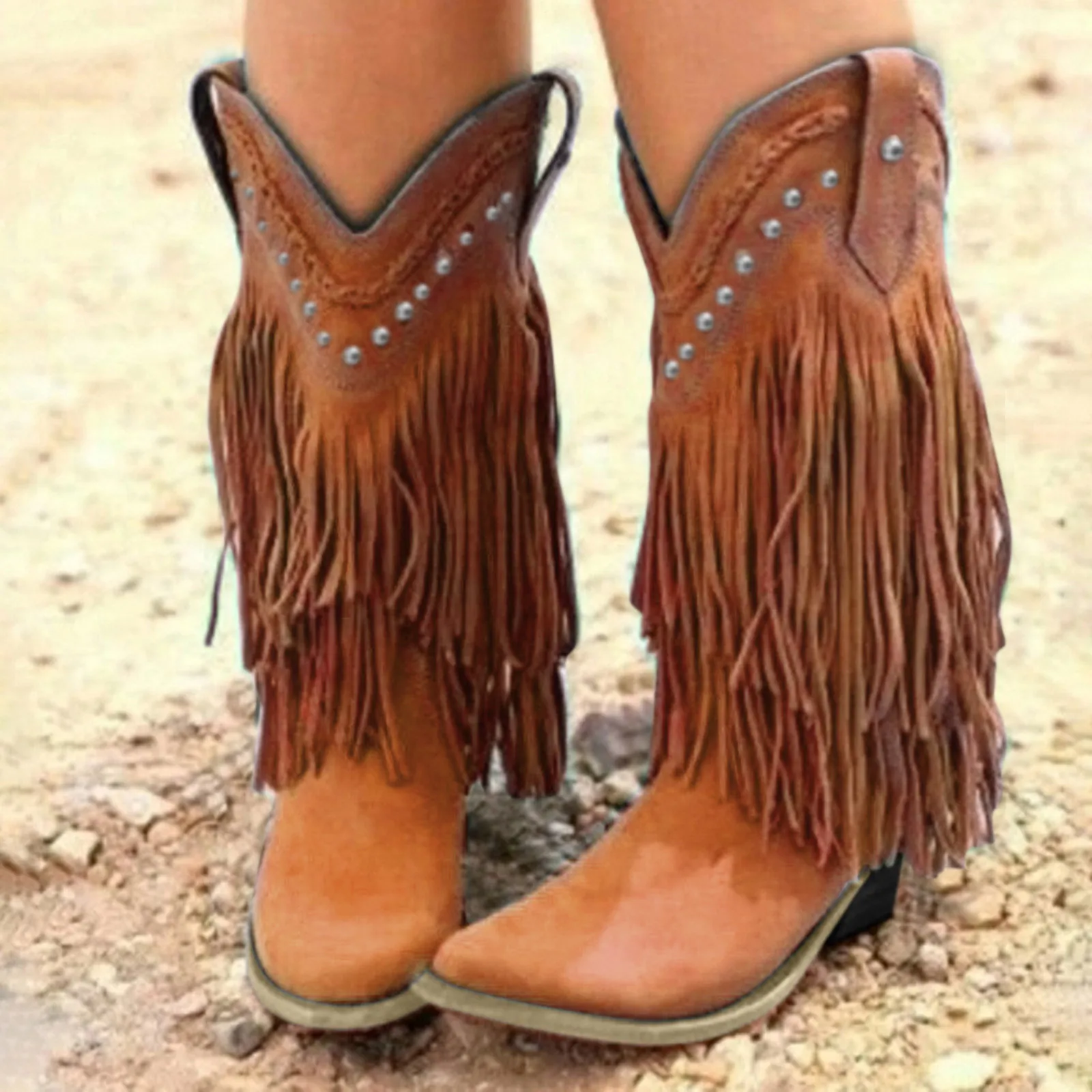 2024 Retro Rivet Tassels Long Boots Fringe Western Cowboy Boots Women Vintage Woman Chunky Heels Casual Boot Slip On Femal Shoes