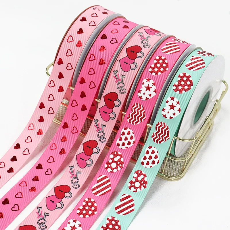 

7/8'' 22mm Valentine's Day Red Heart Printed Grosgrain Ribbon For DIY Crafts Flower Gift Packing Party Decoration