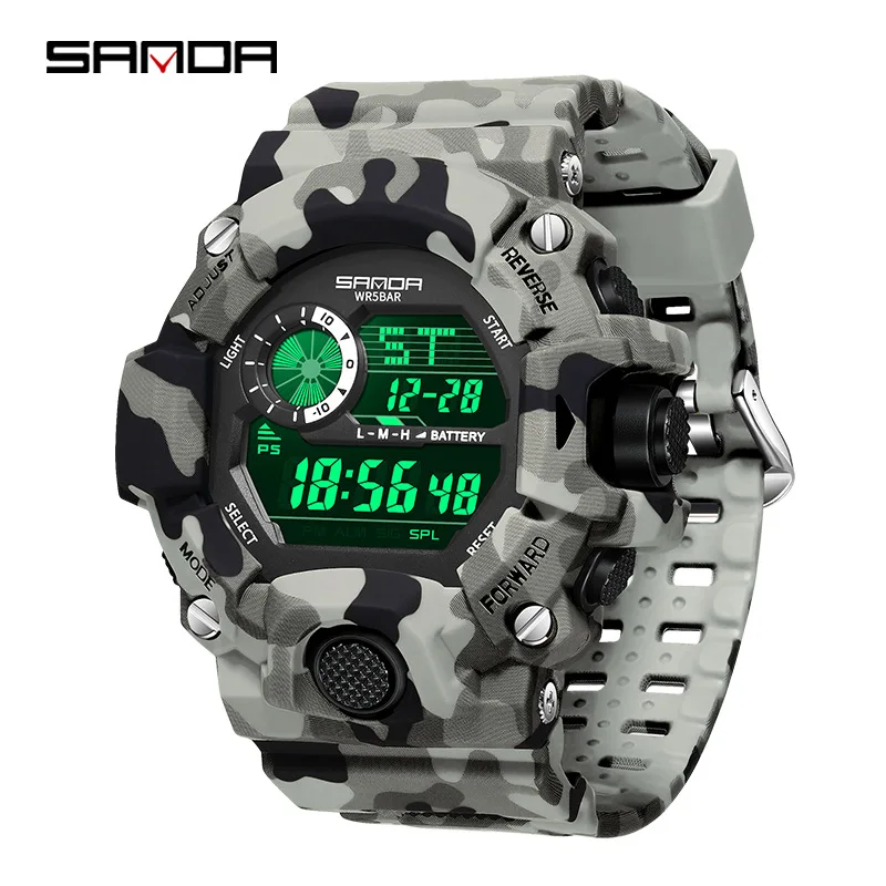 SANDA 2183 Electronic Watch Fashion Military Camo Waterproof Outdoors Sports Digital Display Silicone Strap Wristwatchs for Men