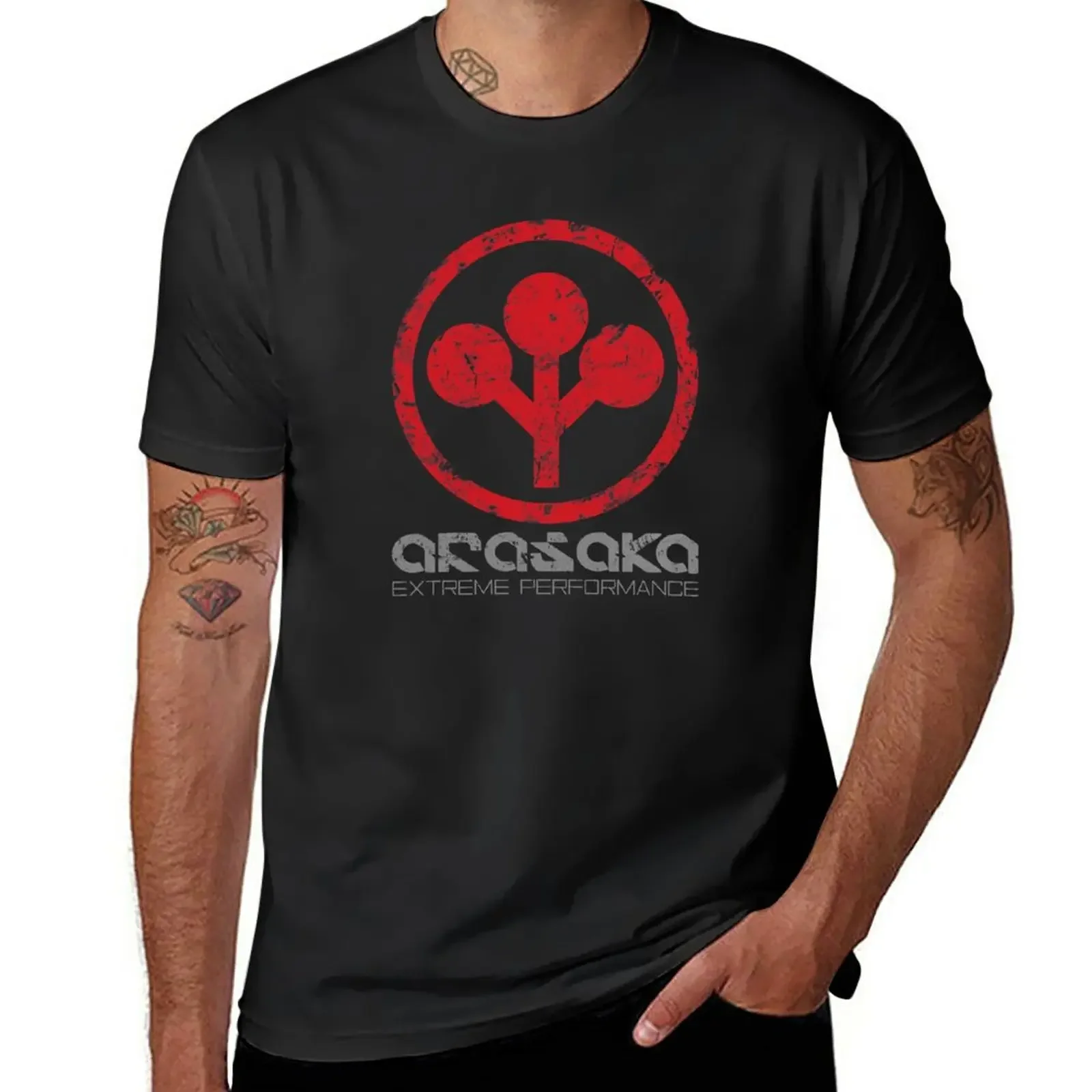 T-shirt con Logo Arasaka Corp invecchiato abbigliamento estetico camicie da allenamento nere per uomo