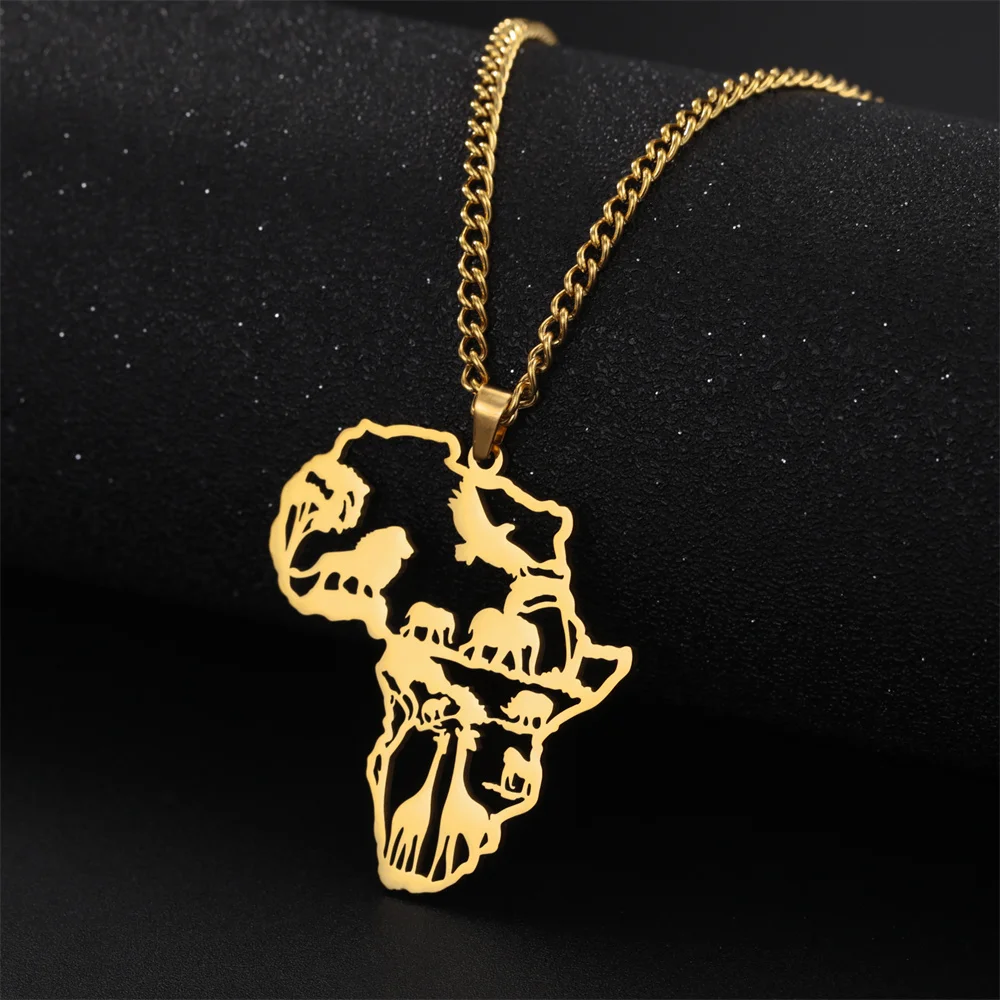 My Shape Afrika Kaart Leeuw Olifant Aap Giraffe Hanger Kettingen Mannen Vrouwen Roestvrij Staal Dier Ketting Ketting Afrikaanse Sieraden