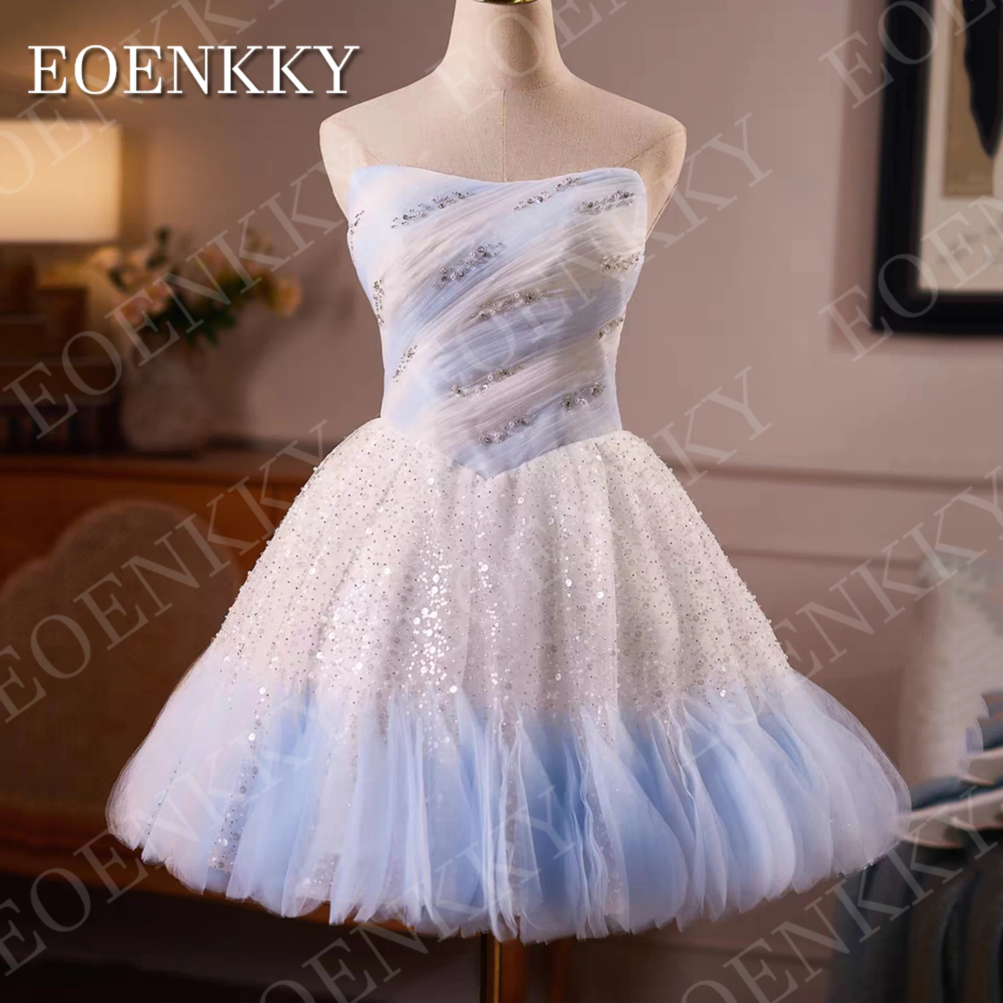 EOENKKY Strapless Tulle Prom Dress 2026 Short Glitter Sequin Mini Birthday Homecoming Dresses Customized Vestido De Fiesta Lujo