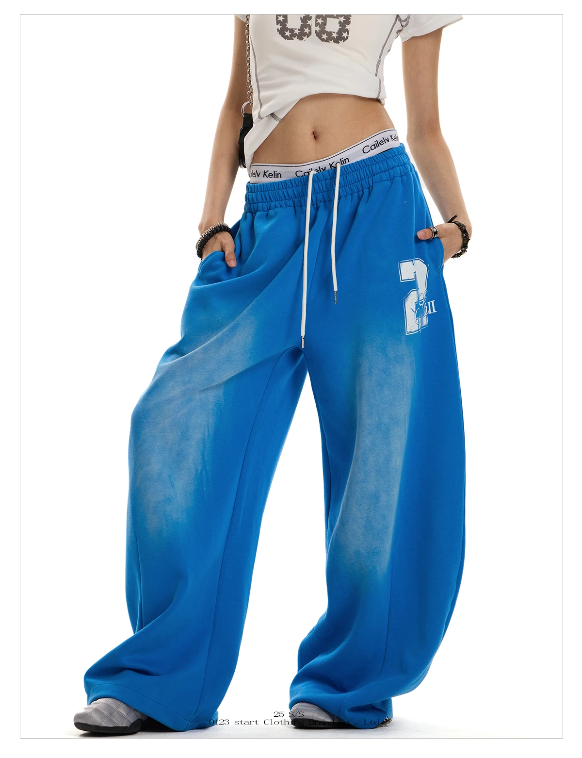 Blue Number Print Women Sweatpants Drawstring Elastic Waist Draped Workout Wide Leg Pants Hip Hop Jazz  Loose Casual Clothes
