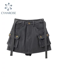 Grey Mini Skirts Womens 2022 High Waist Cargo Skirt Fashion Autumn Winter Woman Skirt Streetwear Short Skirts Pockets For Women