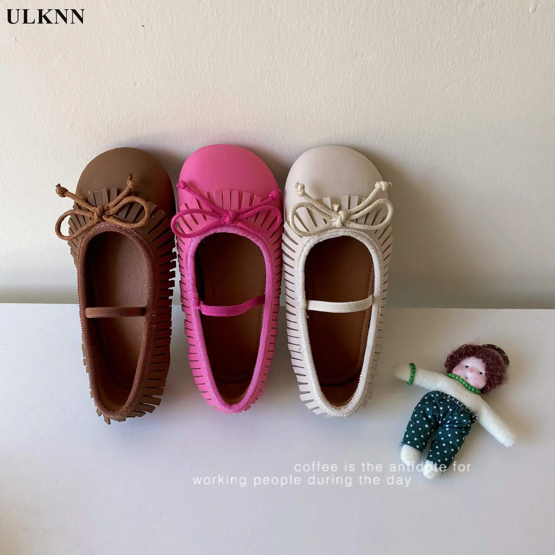 

Children's Single Shoes Student Retro Elasticfashionable Leather Shoes Kid's Versatile Tassel Round Head Bow Soft Sole Shoe