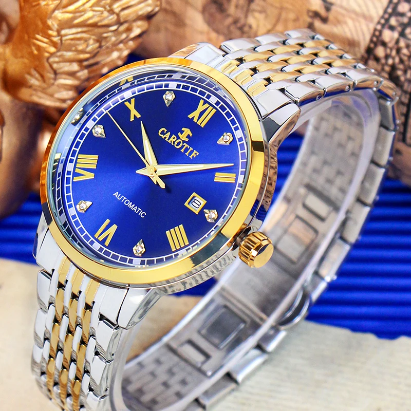 ساعة كاجوال للرجال بحزام فولاذي أزرق بلونين على الطراز الرياضي مع قرص دائري وحركة ميكانيكية أوتوماتيكية بالكامل #3