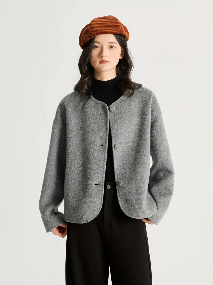 

Двустороннее шерстяное пальто с цветочным узором, простое и элегантное, на пуговицах, для повседневной носки, тонкое, длинное, круглый вырез горловины