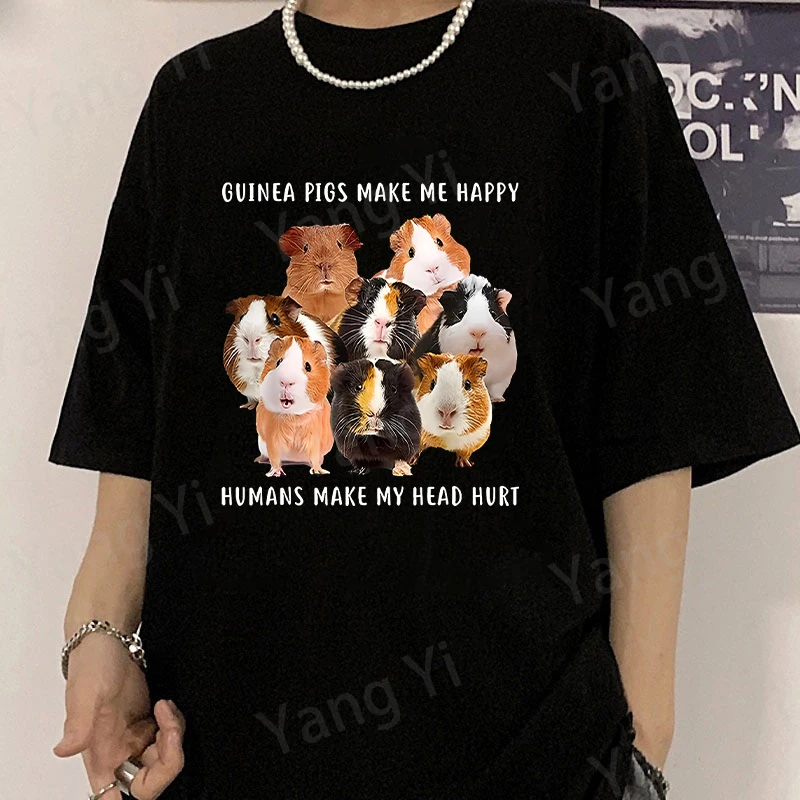 Funny Guinea Pigs Make Me Happy Printed Shirt Women's Casual Personality T-shirt Unisex Summer Cute Hamster T-shirt Cotton Tops