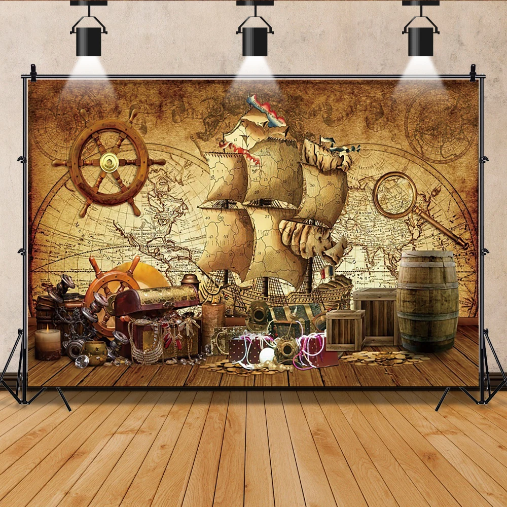 Pirate Backdrops For Photo Old Treasure World Map Birthday Party Baby Portrait Photographic Background Photocall Photo Studio