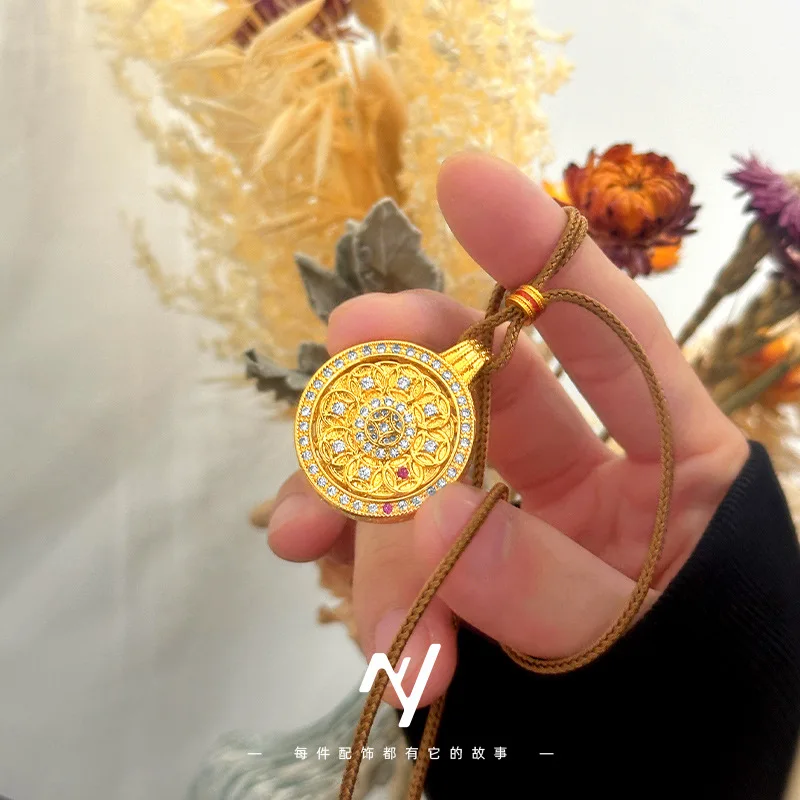 Luxury Women's 9999 24K Real Gold New Chinese Style Point Diamond Rotating Copper Coin Compass Pendant Sweater Chain Pendant