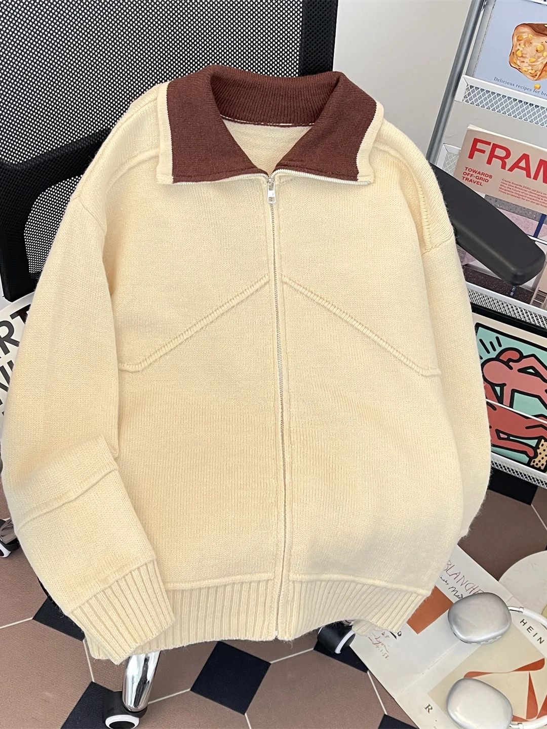 

Мужской утепленный кардиган с отложным воротником в стиле колор-блок, осенне-зимний, теплый, плотный, в японском ретро-стиле