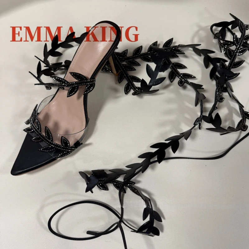 كعب عالي مزين بأوراق شجر للنساء مثير مفتوح من الأمام صنادل بكعب ستيليتو من حجر الراين لحفلات الزفاف المسائية #6