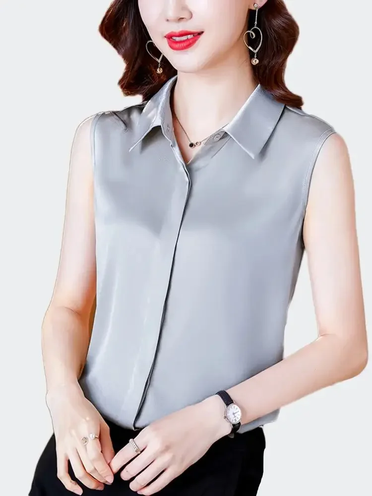 

Blouse Women Fashion Sleeveless Turn-Down Collar Satin Blouse Korean Fashion 2024 New Summer Tops Shirt Female Clothing V18