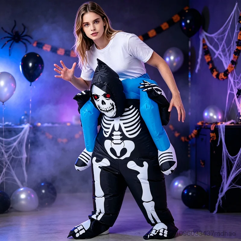 Aufblasbares Skelett-Kostüm für Erwachsene, Sensenmann-Reitkostüm, Halloween-Cosplay, lustiges Maskottchen-Outfit für Party-Auftritte