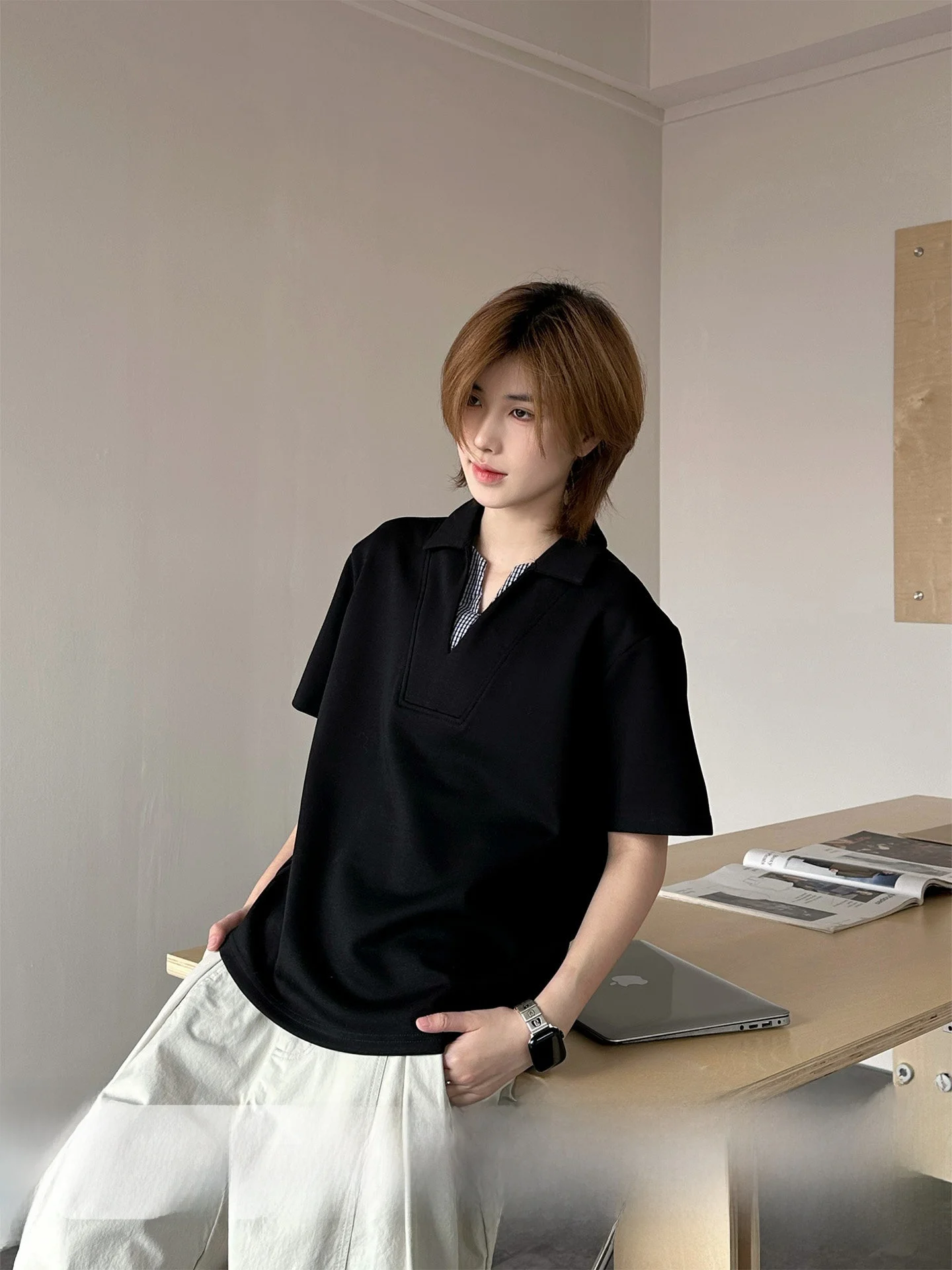 

Ja1 Never Stay up Late Japanese Style Plaid Splicing Shoulder T-Shirt Neutral Pure Color Cool Small V-Neck Short Sleeve T-Shirt
