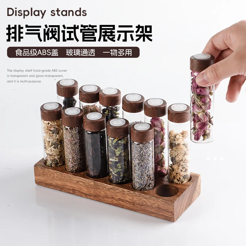 

Walnut Wood Glass Test Tube Display Stand Coffee Beans Are Bottled in Test Tubes Storage Sealed Jars
