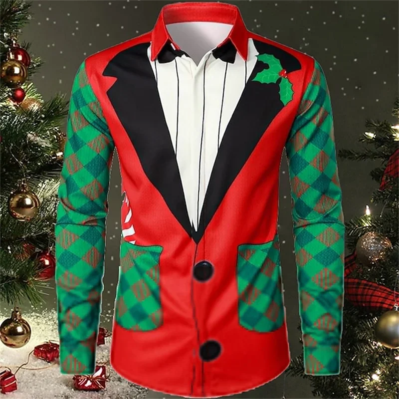 Snowflake 3D Printed Casual Men\'s Shirt Christmas Autumn and Winter Long Sleeve Lapel Ruby Top XS-6XL Stretch Fabric Shirt