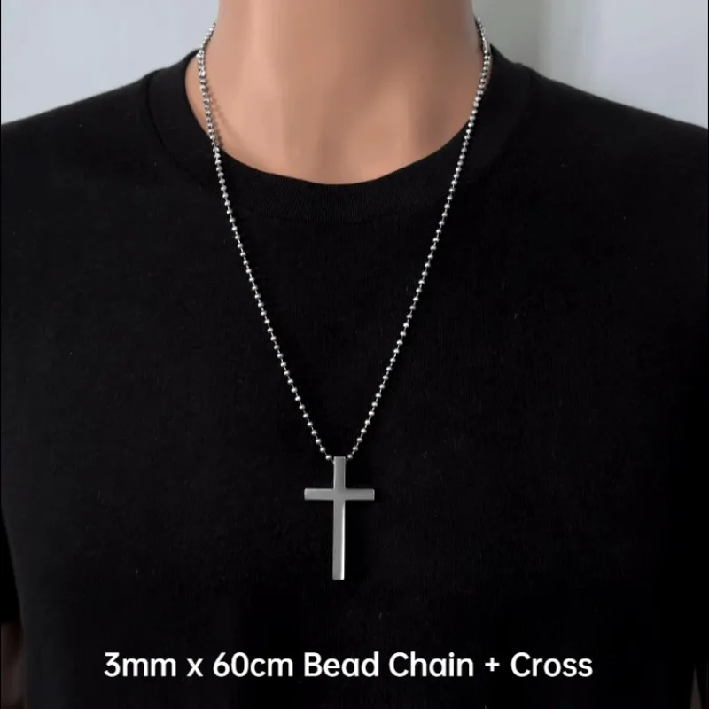 

Pure Titanium Cross Pendant Necklace with 3mm Bead Chain Hand-Carved Polished Exquisite Accessory Fashion Hip-Hop Cross Necklace