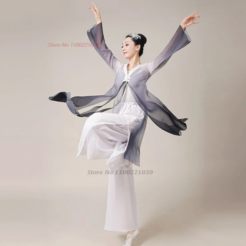 2025 중국 빈티지 댄스 의상 그라데이션 색상 쉬폰 한푸 상의+하의 세트 전통 훈련 무대 공연 민속 의상