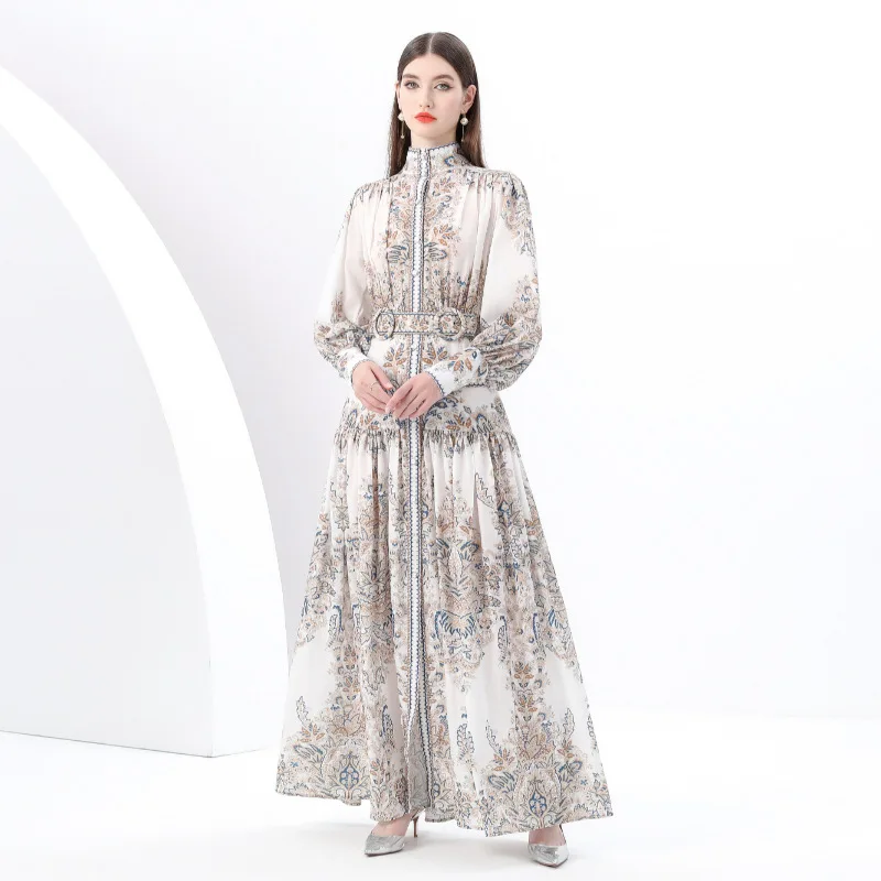 

2026 early spring - elegant, fashionable, high-end, retro style stand up collar lantern sleeves wave side length printed dress
