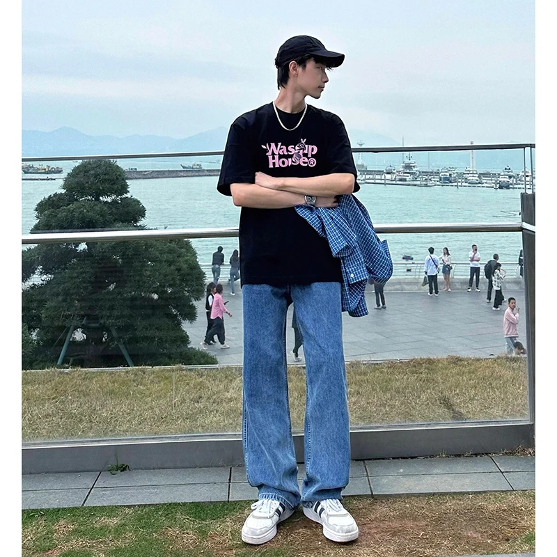 

Синие мужские свободные джинсы прямого кроя, модные длинные брюки Cleanfit для весны и осени, из хлопка и полиэстера, износостойкие