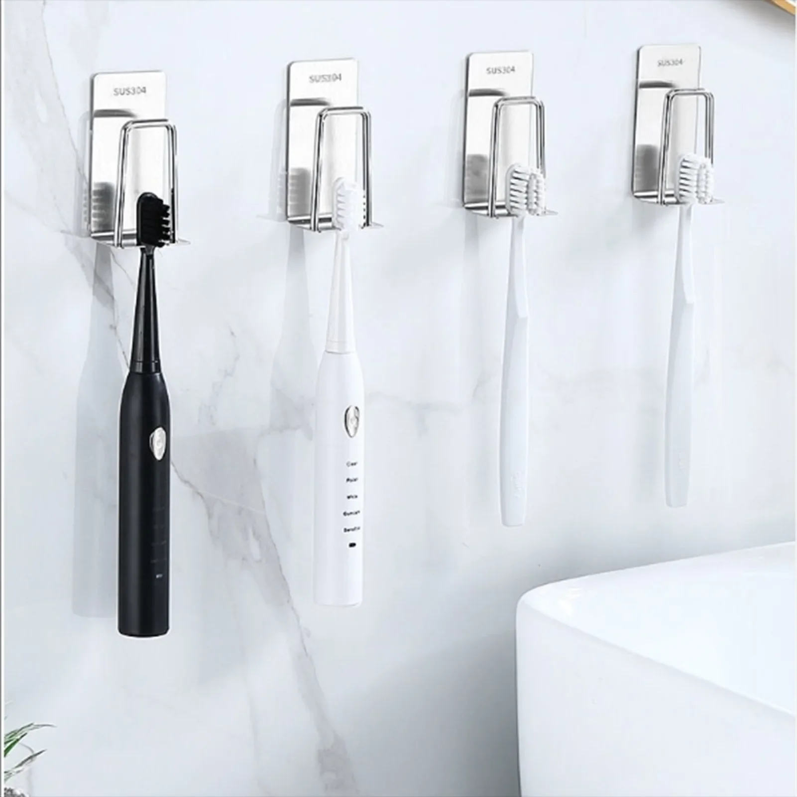 

Space Saving Bathroom Accessories,Self-Adhesive Toothbrush Holders Wall Mounted,2 in 1 with Cup Holder Toothbrush Hook.