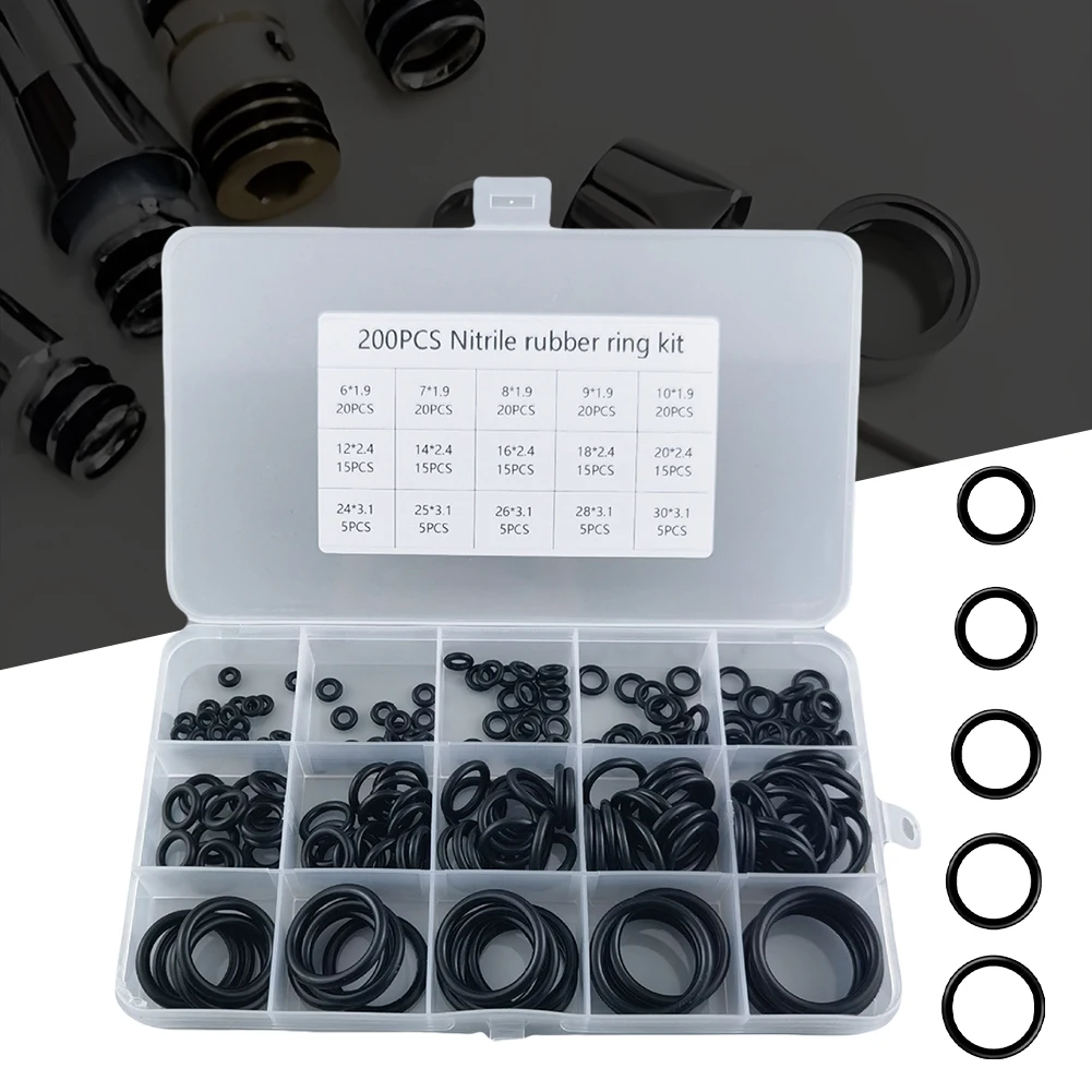200Pcs 고무 O 링 세트 가스켓 박스형 씰 니트릴 고무 밴드 방수 씰링 탄성 밴드 O 고무 링 세트