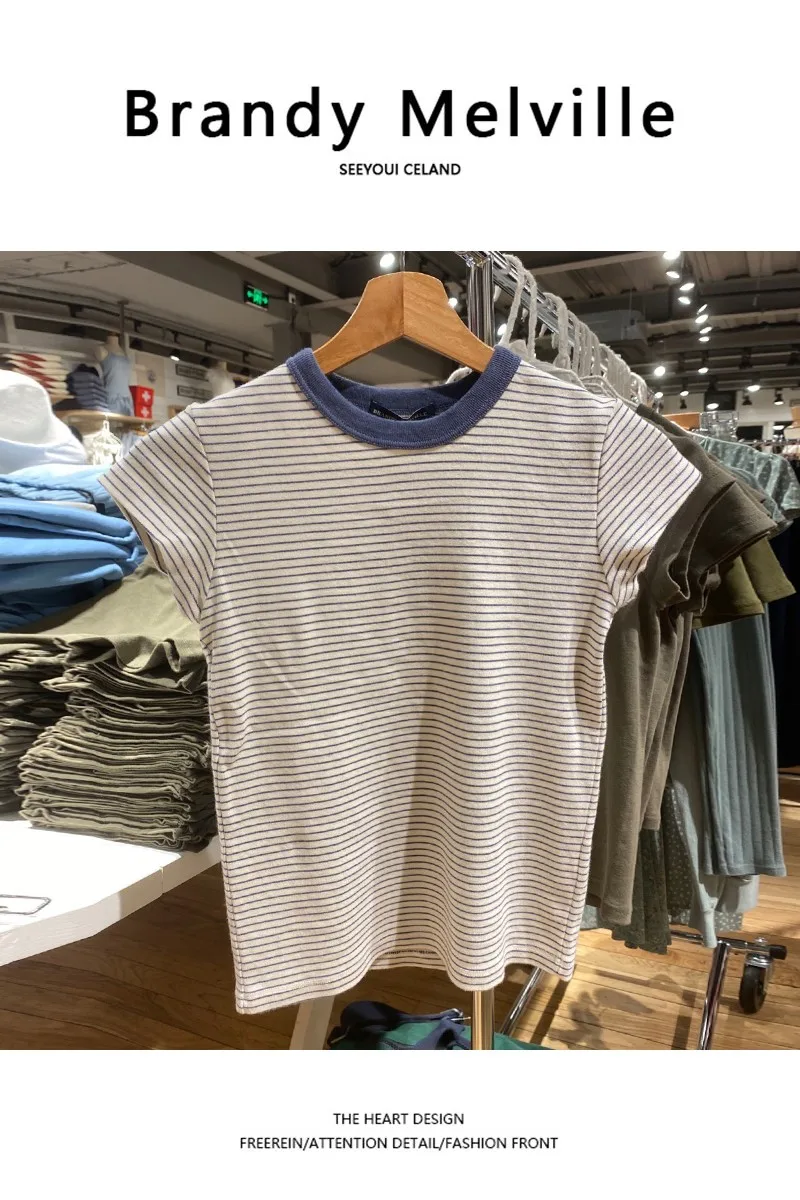 American Retro Gestreiftes ort Sve T-Shirt aus reiner Baumwolle zum Abnehmen von Agel Brandy Girl Offizielle Website Damen-Sommeroberteil