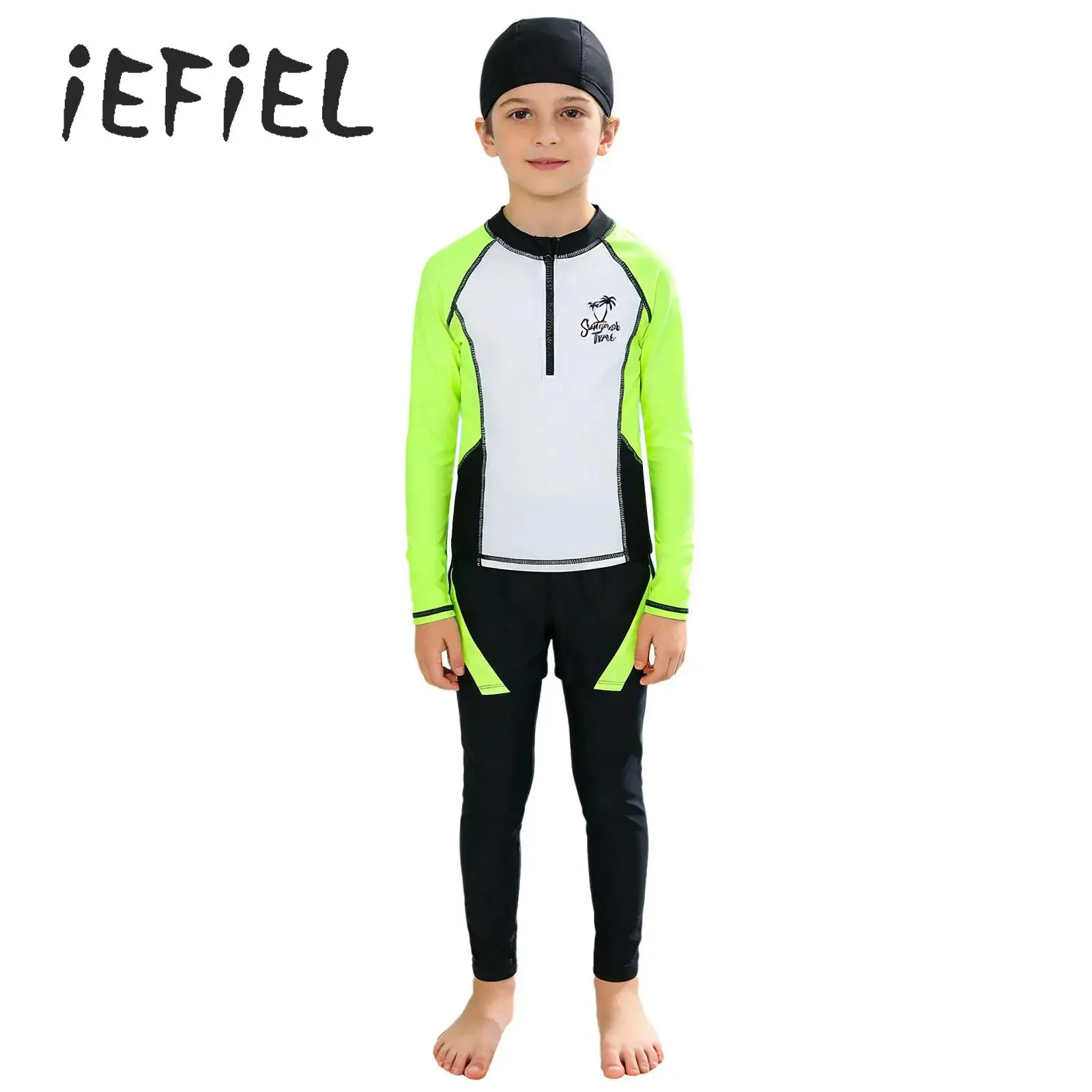

Boys Two-piece Swimming Suit Long-sleeve Sunscreen Quick-dry Top with Long Pants And Swim Cap Swim Outfits for Surfing Swimwear