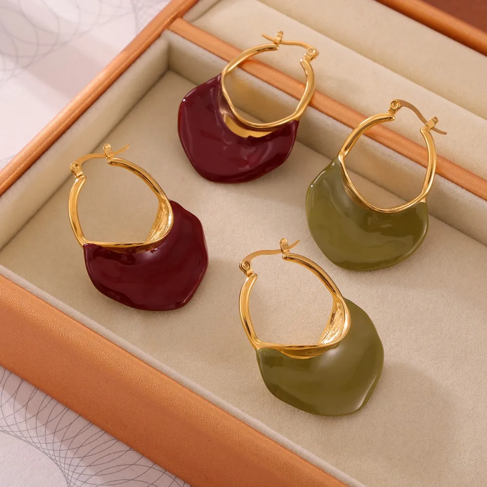 

Stainless Steel Gold Plated Statement Earrings for Women New Green Red Enamel Hoop Earrings Lady Vintage Jewelry Wholesale