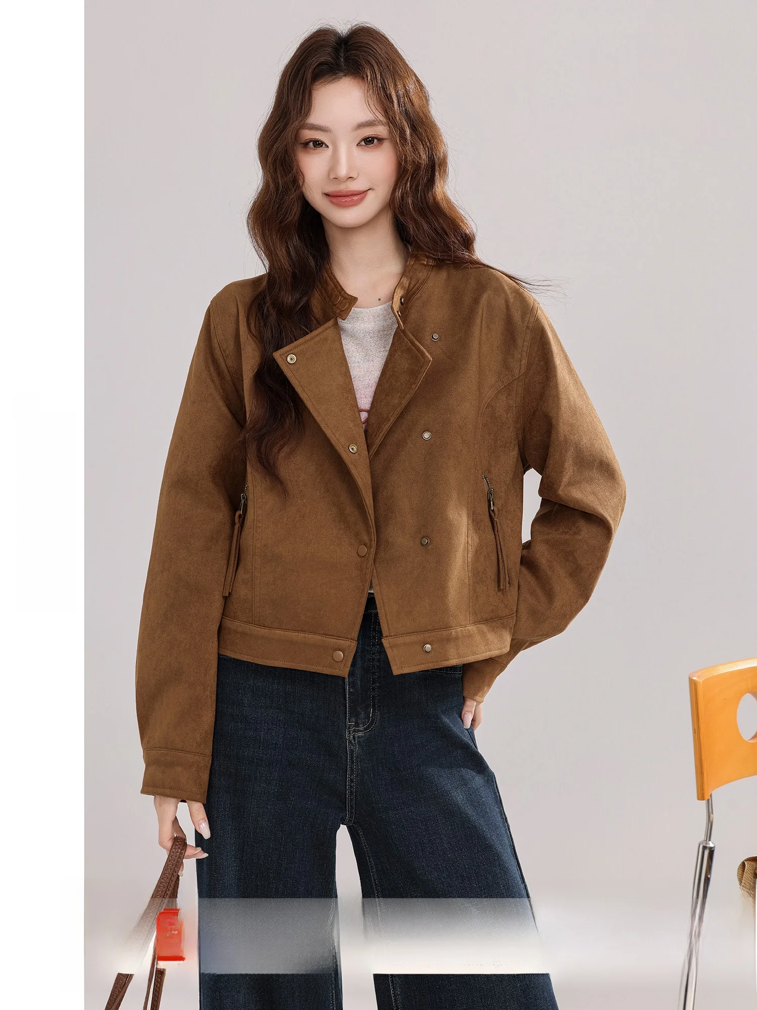 

Осенний новый женский замшевый топ Jaet Quercus Le Falling, винтажный теплый длинный све, воротник-стойка, топ на пуговицах