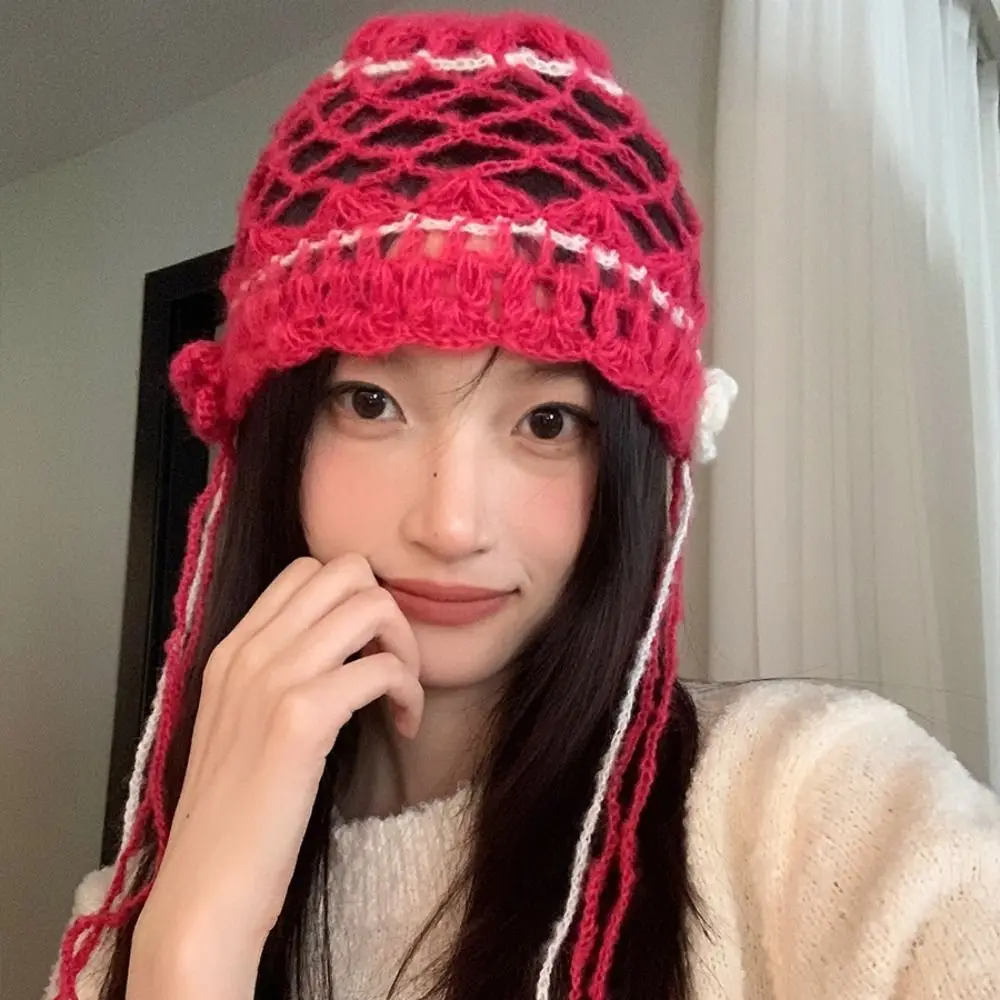 Vintage Bohemian Hollow Knitted Beanies Hat Weave Sweet Tassel Pullover Hat Handmade Butterfly Korean Crochet Cap Women