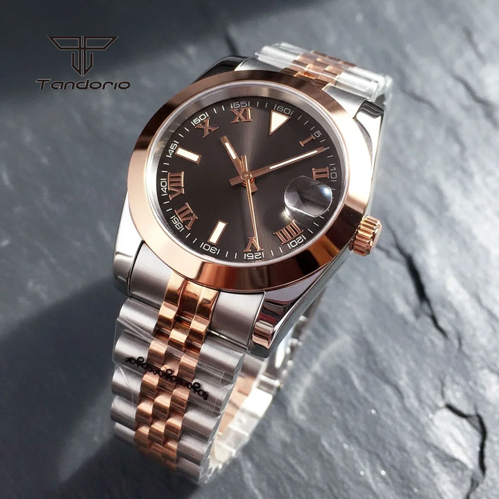 

Tandorio Механические NH35 Сапфировое Стекло Розовое Золото 39 мм/36 мм Мужские Автоматические Часы Sunburst Дата Деловые Винтажные Наручные Часы